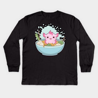 cute Axolotl Eating Ramen Noodles adorable Kids Long Sleeve T-Shirt